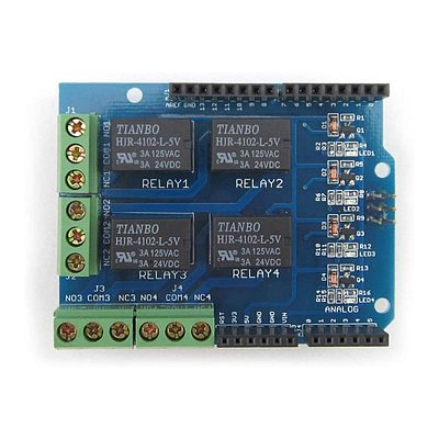 Shield 4x samostatně ovldatelných relátek. Napětí cívky 5V, proud cívky 50 mA; přepínací kontakty 125V/3A AC, 24V/ 3A DC