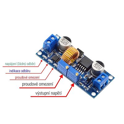 Modul DC/DC měniče zdroje konstatního napětí nebo proudu. Regulovatelné výstupní napětí 1,25 - 36V při max 5 A