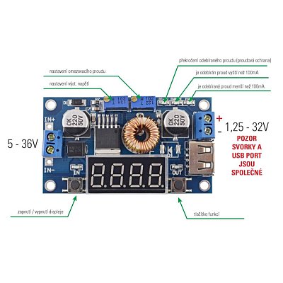 Modul DC/DC měniče zdroje konstatního napětí nebo proudu. Regulovatelné výstupní napětí 1,25 - 36 V při max 5 A. LED displej pro zobrazení výstupního napětí. 
