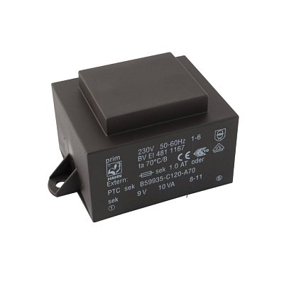 EI 48/16,8; 1x9V/1,111A; 10VA; 230V; 60x42,3x34,6mm; 2 úchyty