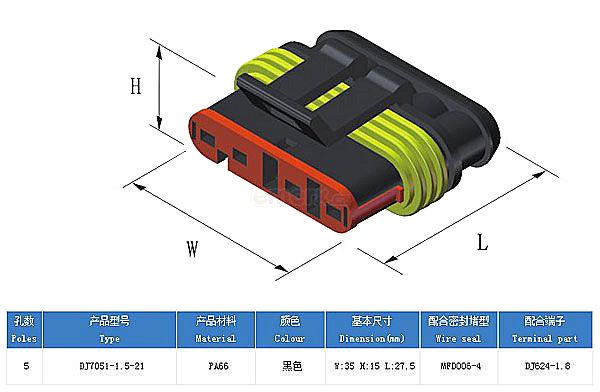 Konektor se zdířkou DJ7051-1.5-11+DJ7051-1.5-21 5P vodotěsný