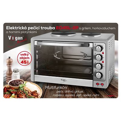 Elektrická pečicí trouba s horkovzduchem, grilem a 2 horními litinovými plotýnkami.