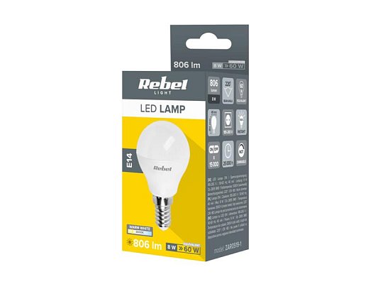 Žárovka LED E14 8W G45 REBEL bílá teplá ZAR0519-1
