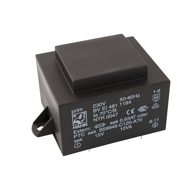 EI 48/16,8; 1x15V/0,667A; 10VA; 230V; 60x42,3x34,6mm; 2 úchyty