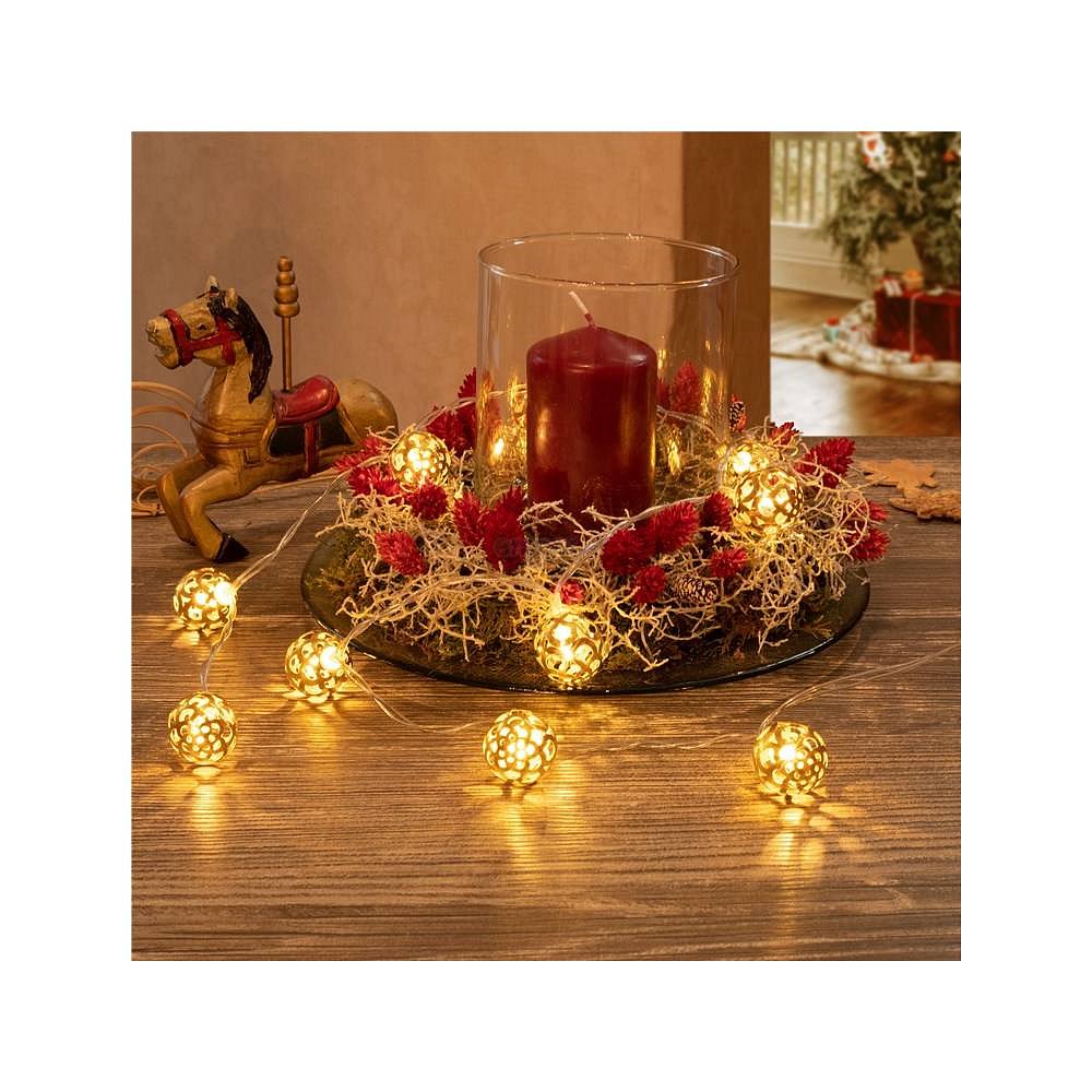 Vánoční řetěz - koule s ornamentem; 10 LED; teplé bílé;  časovač; bateriové napájení