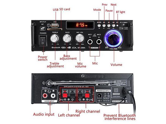 Zesilovač, rádio, bluetooth, přehrávač MP3, karaoke BT-298A
