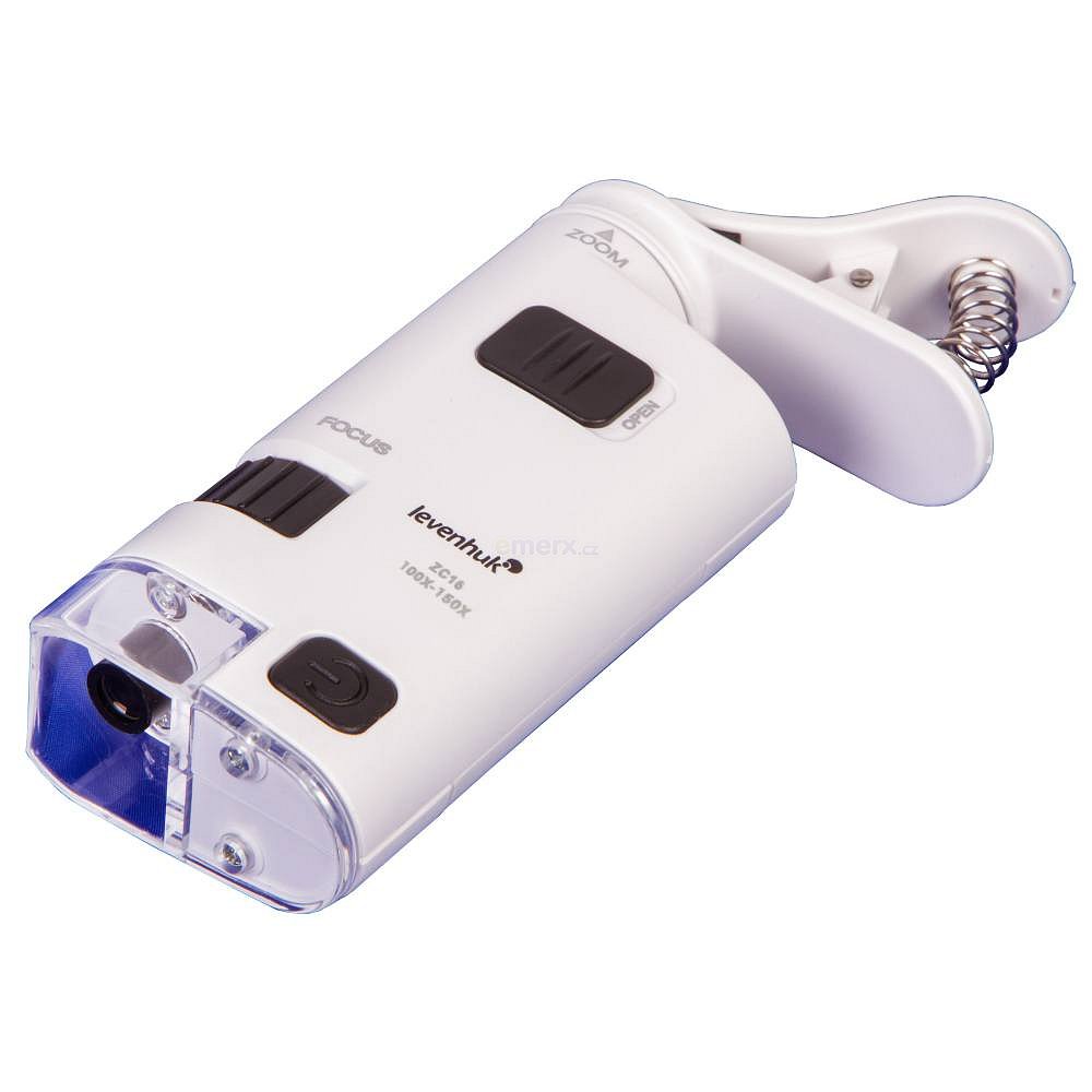 Kapesní mikroskop, LED, zvětšení: 100–150x, klip, bílý