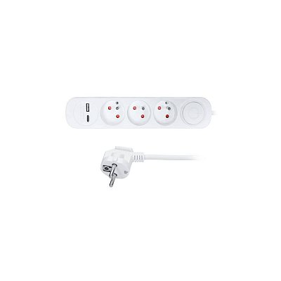 Prodlužovací přívod, 3 zásuvek, USB 2.4A Typ A+C, bílý, 3 x 1mm2, vypínač, 2m