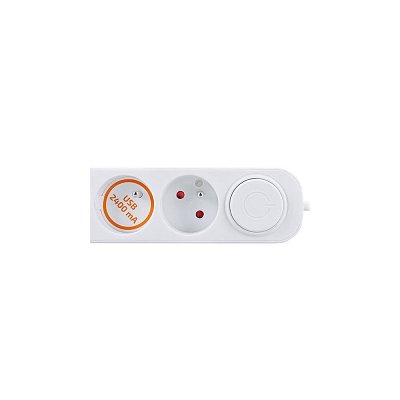 Prodlužovací přívod, 3 zásuvek, USB 2.4A Typ A+C, bílý, 3 x 1mm2, vypínač, 2m
