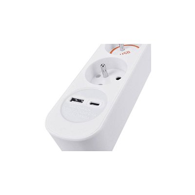 Prodlužovací přívod, 3 zásuvek, USB 2.4A Typ A+C, bílý, 3 x 1mm2, vypínač, 2m