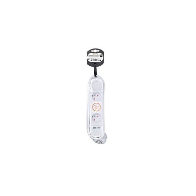 Prodlužovací přívod, 3 zásuvek, USB 2.4A Typ A+C, bílý, 3 x 1mm2, vypínač, 2m