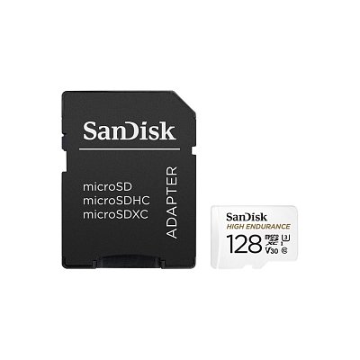Paměťová karta SanDisk micro SDXC; High Endurance Video; 128 GB; 100 MB/s; Class 10; U3; V30; adaptér