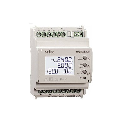 Multifunkční měřící přístroj na DIN lištu s LCD displejem pro měření napětí, proudu (True RMS), výkonu a frekvence.