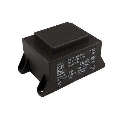 EI 54/18,8; 1x12V/1,333A; 16VA; 230V; 75,3x47,3x38,8mm; 4 úchyty