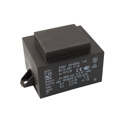 EI 48/16,8; 2x9V/0,556A; 10VA; 230V; 60x42,3x34,6mm; 2 úchyty