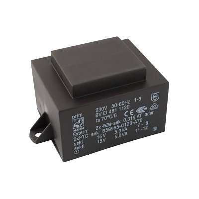 EI 48/16,8; 2x15V/0,333A; 10VA; 230V; 60x42,3x34,6mm; 2 úchyty