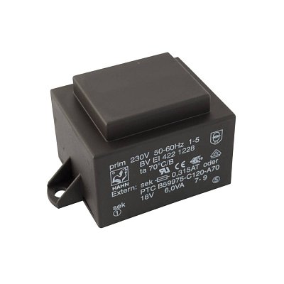 EI 42/14,8; 1x18V/0,334A; 6VA; 230V; 55x36,8x32,3mm; 2 úchyty