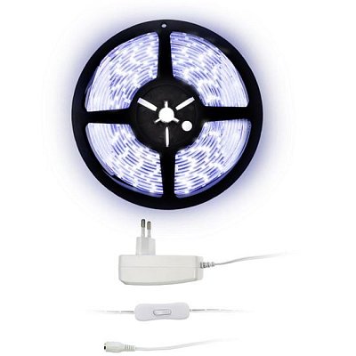 LED světelný pás s testrem, 5m, sada s 12V adaptérem, 4,8W/m, IP65, studená bílá WM50-65T