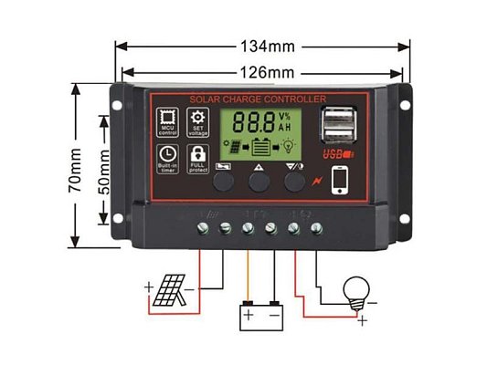 Solární regulátor PWM BL915C 12-24V/30A+USB pro různé bateri