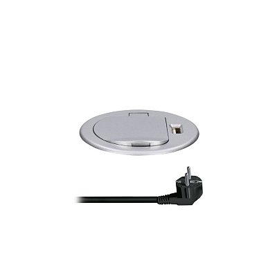 Solight USB vestavná zásuvka s víčkem, 1 zásuvka, plast, délka 1,5m, 3x 1mm2, USB 2100mA, stříbrná