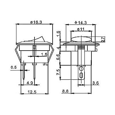 Přepínač kolébkový kul. 2pol./2pin OFF-ON 250V/1A černý