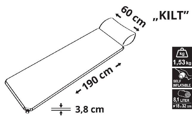 Karimatka samonafukovací 190x60x3,8cm s polštářem KILT CATTARA