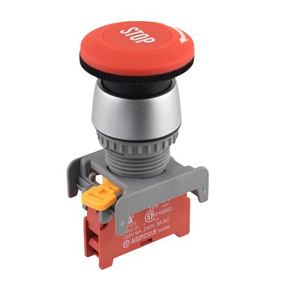 Nouzový stop spínač, 1 pól, ON-OFF, 3A/230V, červený, včetně kontaktního prvku 
