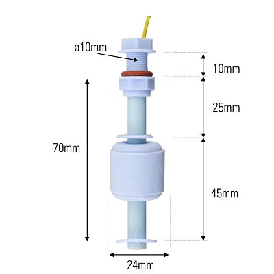 Hladinový spínač 50W/0,5A, délka čidla 75mm, průměr plováku 24mm, polypropylen