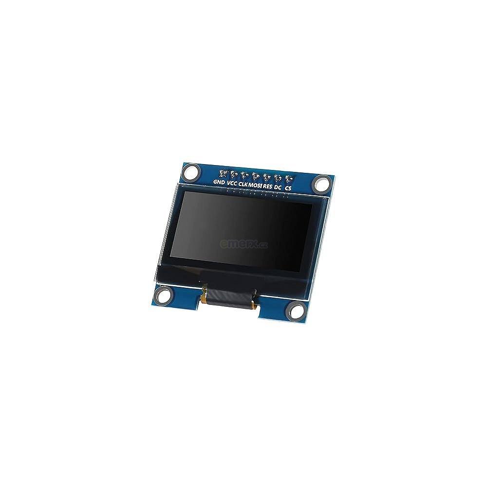 OLED displej s rozlišením 128x64, modrý, uhlopříčka 1,3". Komunikace pomocí 7pin SPI sběrnice.
