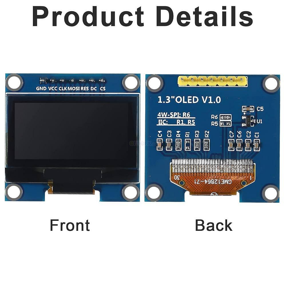 OLED displej s rozlišením 128x64, modrý, uhlopříčka 1,3". Komunikace pomocí 7pin SPI sběrnice.