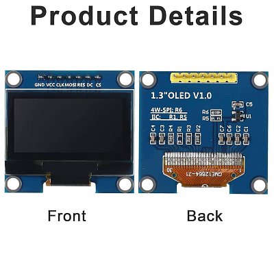 OLED displej s rozlišením 128x64, modrý, uhlopříčka 1,3". Komunikace pomocí 7pin SPI sběrnice.