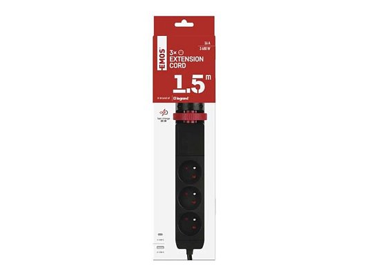 Prodlužovací přívod 3 zásuvky 1,5m EMOS P1311PD,uchycení na stůl,USB,vypínač