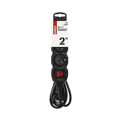 prodlužovací kabel 230V, 2m, 3x zásuvka, vypínač, černý