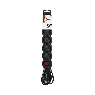 prodlužovací kabel 230V, 2m, 5x zásuvka, vypínač, černý