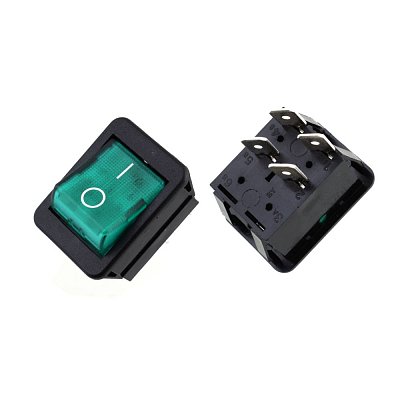 Kolébkový spínač zelený s podsvětlením I-O, 2 pólový, ON-OFF, 16A/250V