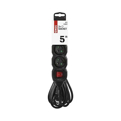 prodlužovací kabel 230V, 5m, 3x zásuvka, vypínač, černý