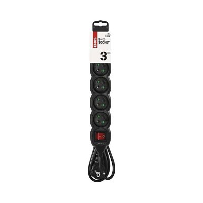 prodlužovací kabel 230V, 3m, 5x zásuvka, vypínač, černý