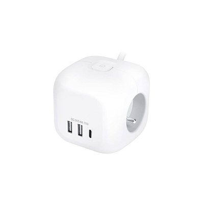 3z + USB A+C prodlužovací přívod - kostka, kabel 2m, 3 x 1mm2, bílý, vypínač