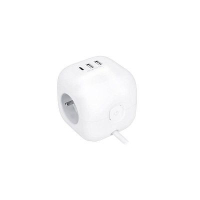 3z + USB A+C prodlužovací přívod - kostka, kabel 2m, 3 x 1mm2, bílý, vypínač