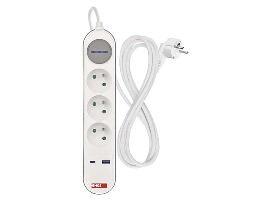 Prodlužovací přívod 3 zásuvky 2m EMOS P1312FC USB s vypínačem
