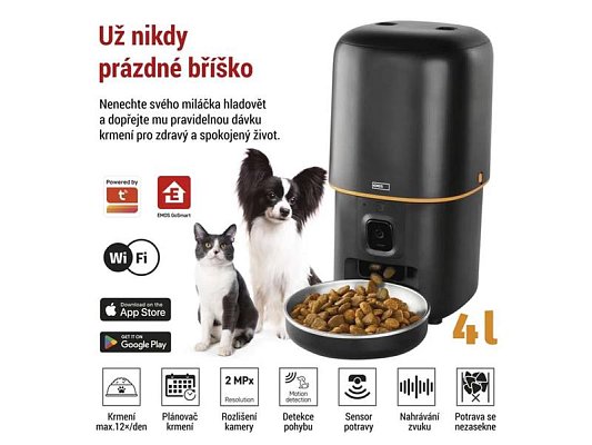 Smart automat na krmivo EMOS Pet Care s kamerou, 4 l, černý, Wi-Fi Tuya