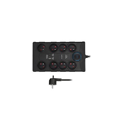 Prodlužovací kabel s přepěťovou ochranou, 8x zásuvka, USB A+C, 2m, černý