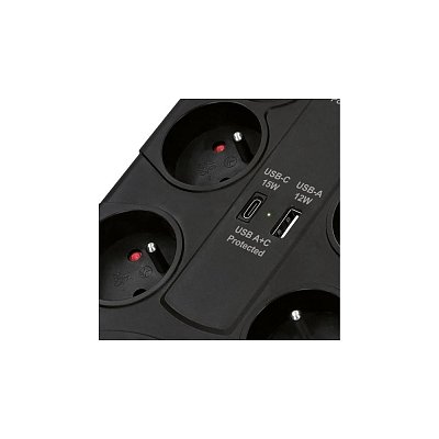 Prodlužovací kabel s přepěťovou ochranou, 8x zásuvka, USB A+C, 2m, černý