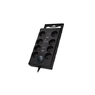 Prodlužovací kabel s přepěťovou ochranou, 8x zásuvka, USB A+C, 2m, černý