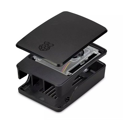 Oficiální krabička pro Raspberry Pi 5 s ventilátorem a odnímatelným víkem v černé barvě.