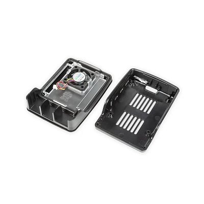 Oficiální krabička pro Raspberry Pi 5 s ventilátorem a odnímatelným víkem v černé barvě.