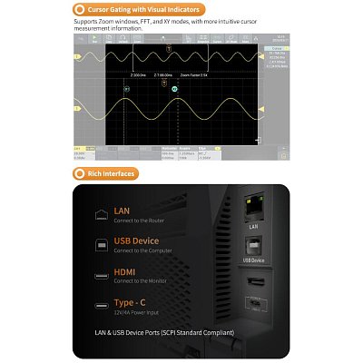 Osciloskop čtyřkanálový 100MHz, Integrovaný s osciloskopem, frekvenčním čítačem, voltmetrem a FFT spektrálním analyzátorem.