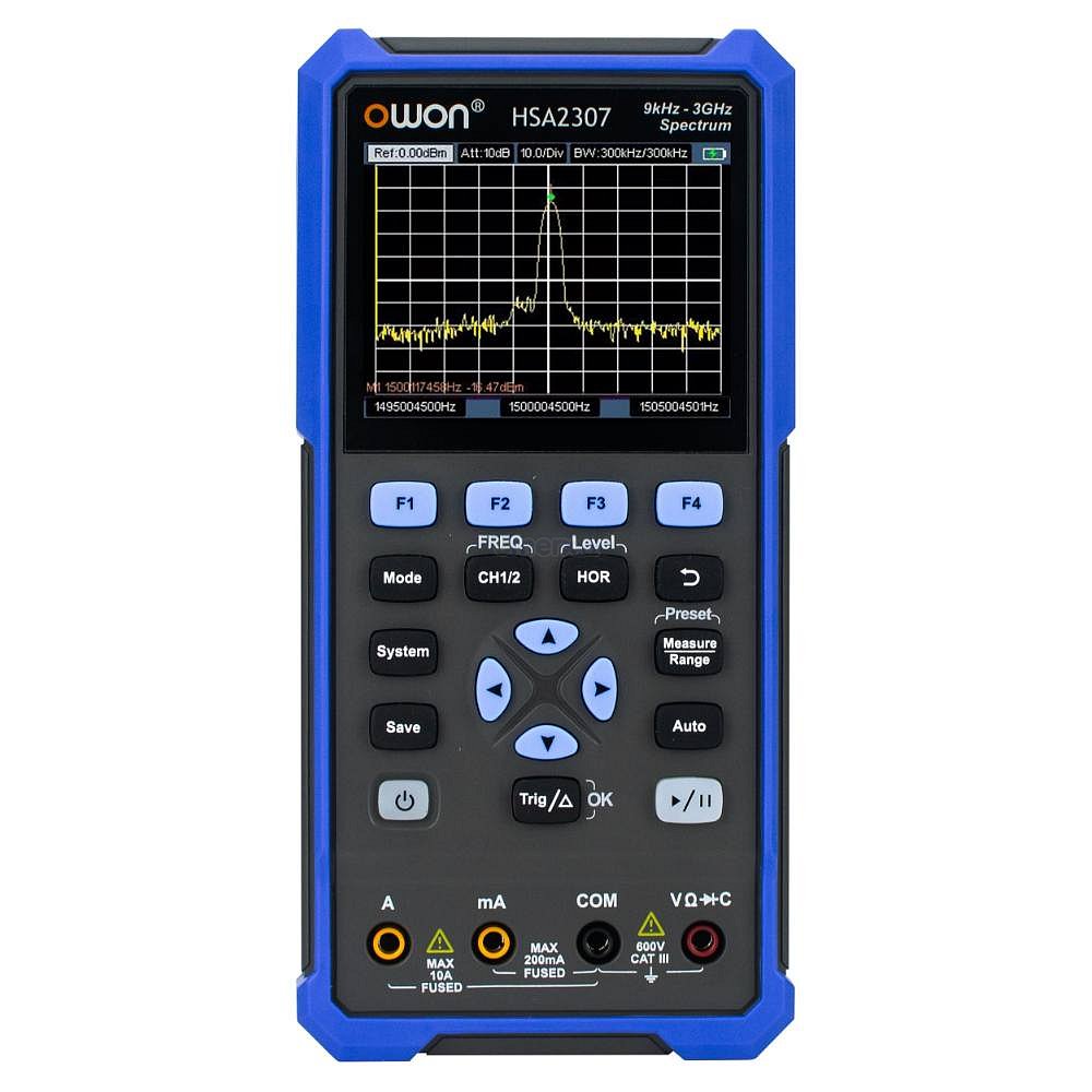 spektrální analyzér s osciloskopem a digitálním multimetrem, max 1000V/10A DC, 750V/10A AC, 100MOhm, 2mF, OSC 70MHz, SA 9kHz-3GHz
