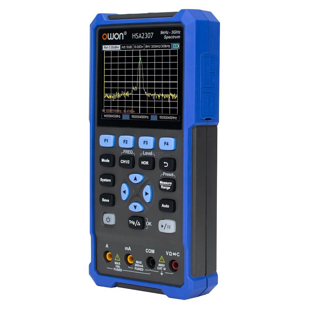 spektrální analyzér s osciloskopem a digitálním multimetrem, max 1000V/10A DC, 750V/10A AC, 100MOhm, 2mF, OSC 70MHz, SA 9kHz-3GHz