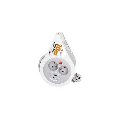 Prodlužovací přívod na bubnu, 2 zásuvky, USB A+C, šedý, 10m, 3x1mm2